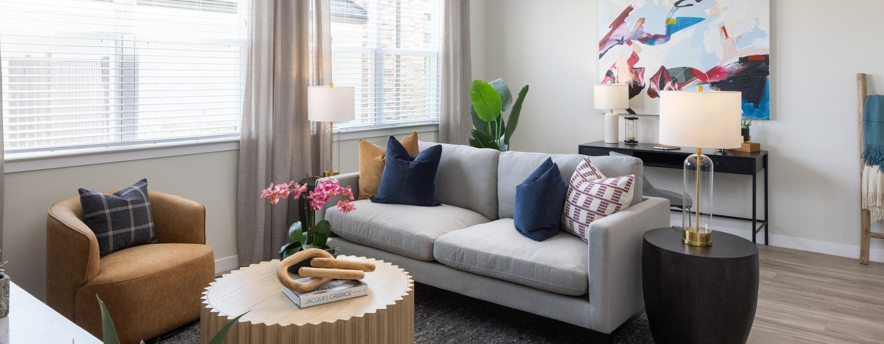 a living room with a couch and a coffee table